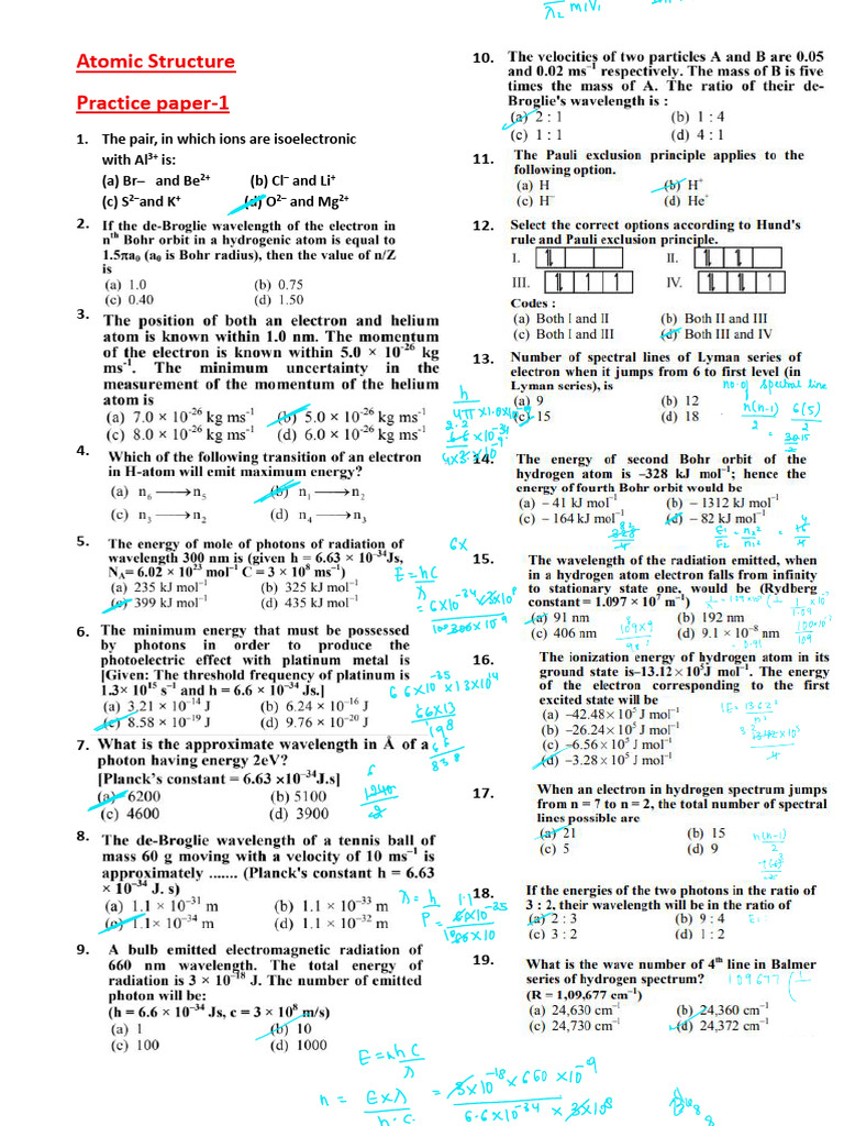 Atomic Structure Practice Paper-1 | PDF