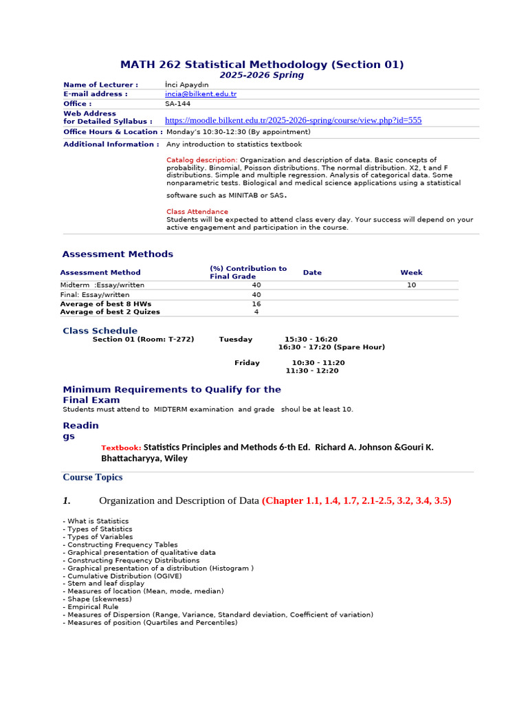 Math262 CourseOutline Spring2026 | PDF | Probability Distribution ...