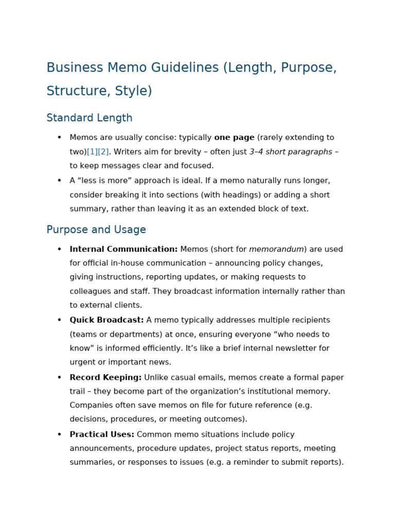 Business Memo Guidelines (Length, Purpose, Structure, Style) | PDF ...