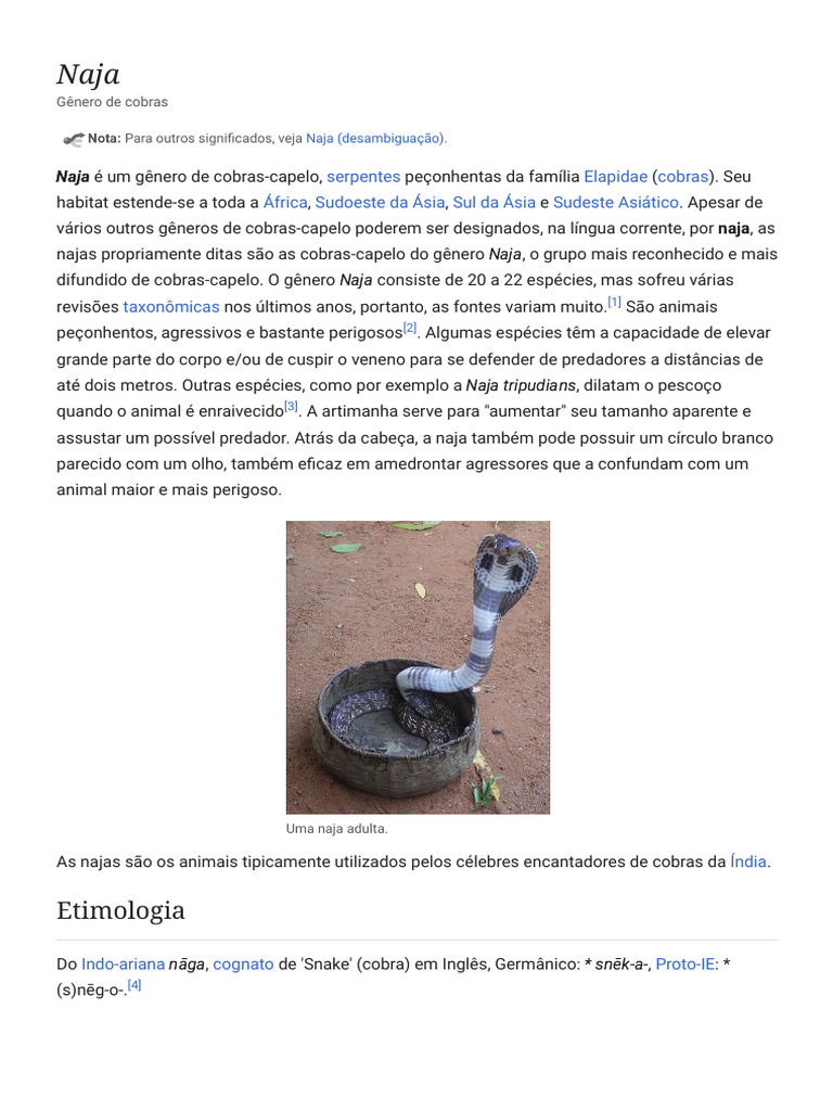 Naja - Wikipédia, A Enciclopédia Livre | PDF | Cobras venenosas | Serpente