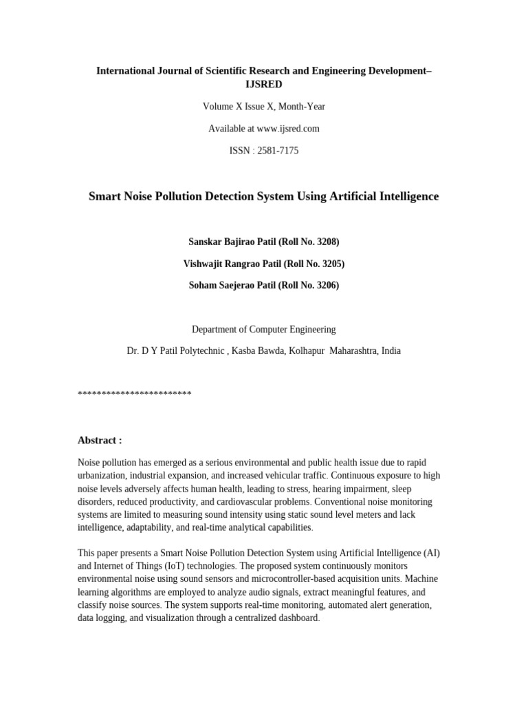 IJSRED Smart Noise Pollution Detection | PDF | Noise | Internet Of Things