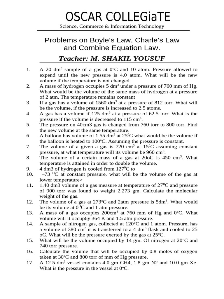 Assignemt of Boyles Law Charles Law | PDF | Gases | Volume