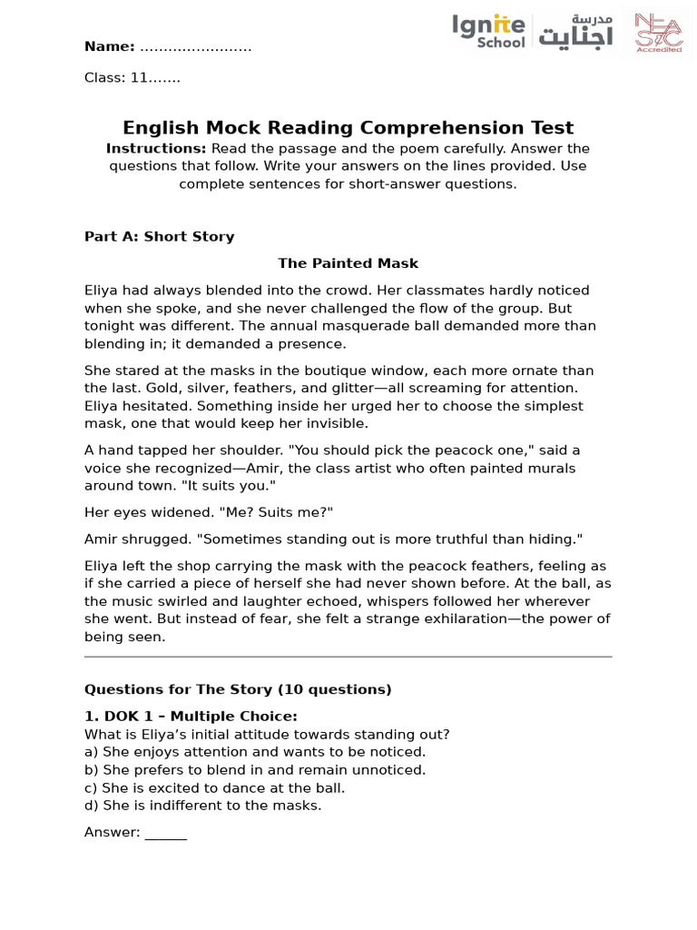 English Mock Reading Comprehension Test GR 11 | PDF