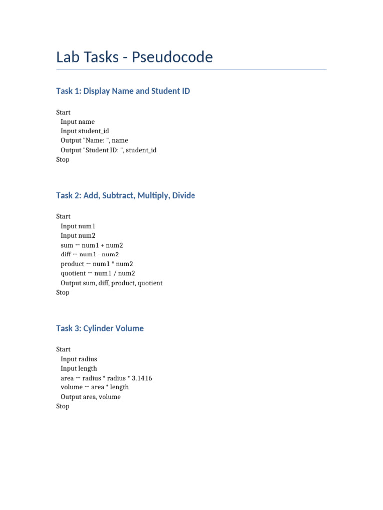 Lab Tasks Pseudocode | PDF