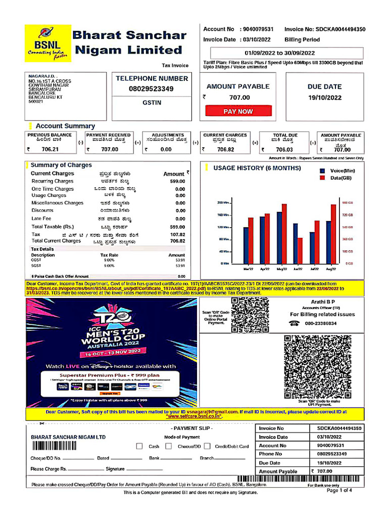 Internet Bill Charges October 2022 | PDF
