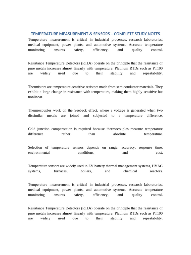 Temperature Measurement and Sensors Notes v2 | PDF | Thermocouple ...