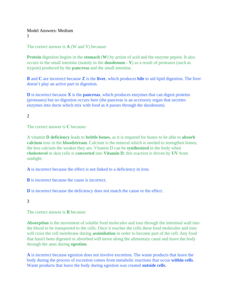 7 MCQ Medium Model Answers | PDF | Small Intestine | Digestion