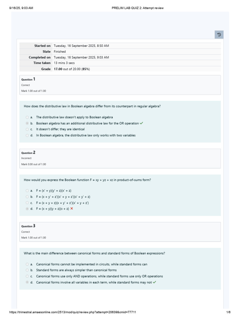 PRELIM LAB QUIZ 2 - Attempt Review | PDF | Boolean Algebra | Teaching ...