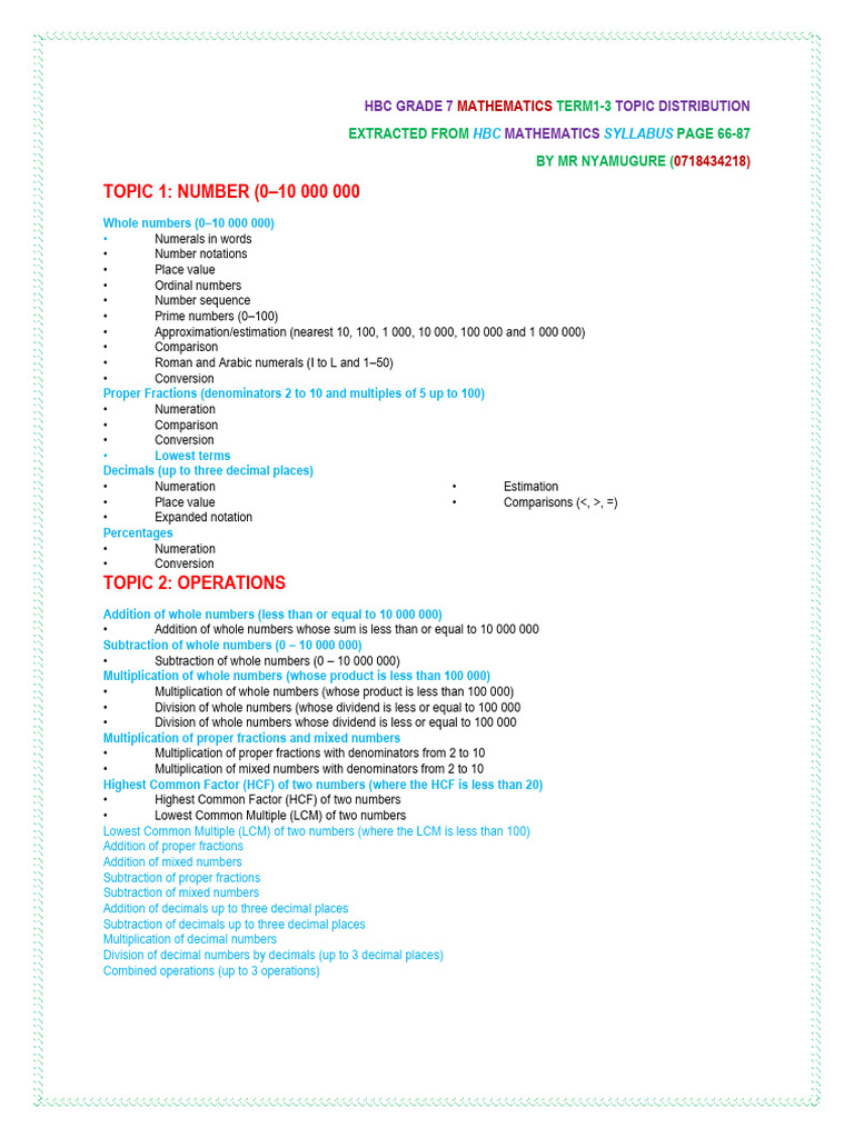 Grade 7 HBC Mathematics Topic Distribution Term1 | PDF | Multiplication ...