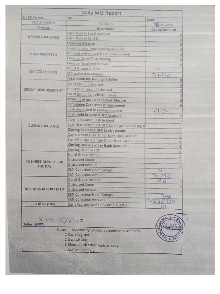 Daily Mis Report Bhagipur Branch -28!01!2026 | PDF