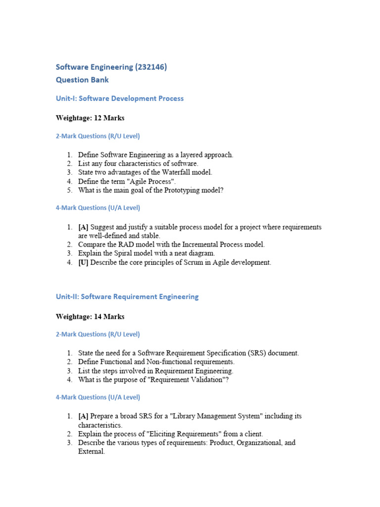 Software Engineering Question Bank | PDF | Software Quality | Agile ...