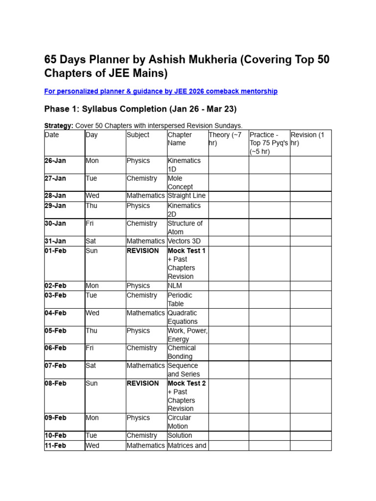 65 Day Daywise Planner - Unlocked | PDF | Chemistry | Physics