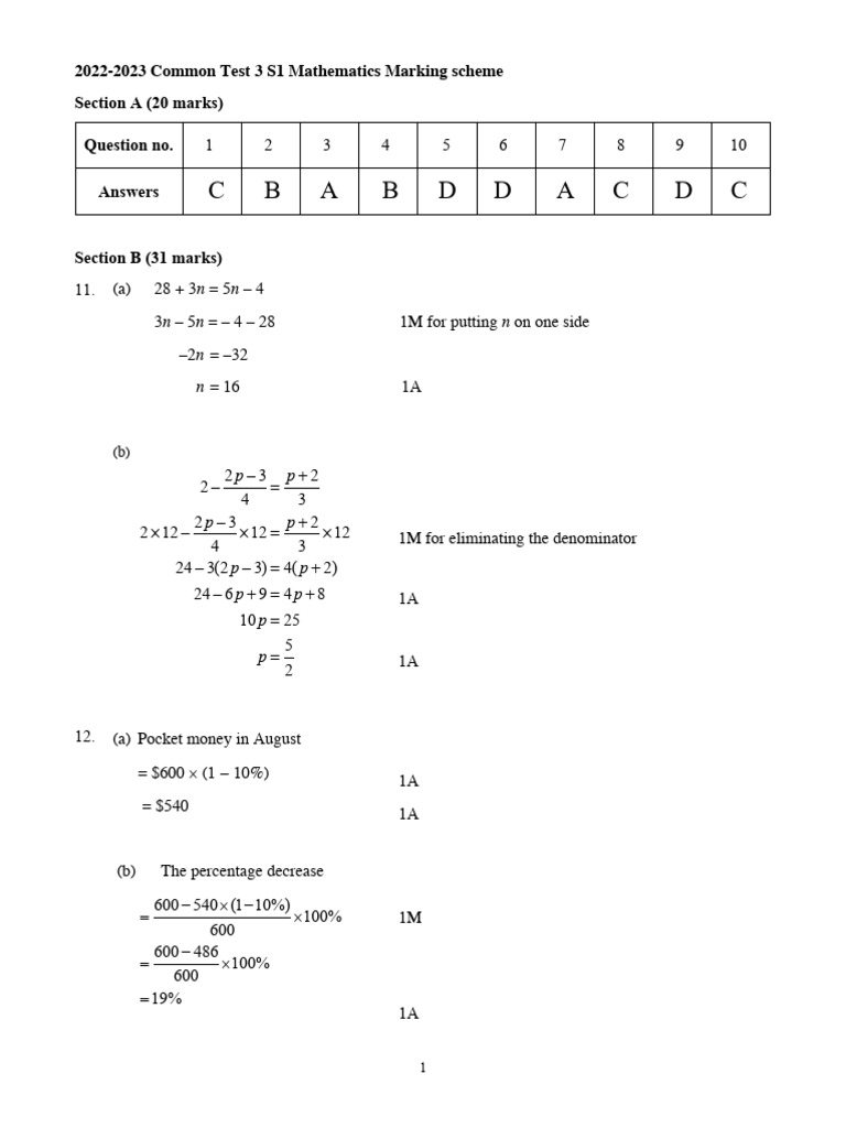 Math 22-23 S1 CT3 Marking Scheme | PDF | Mathematics | Arithmetic