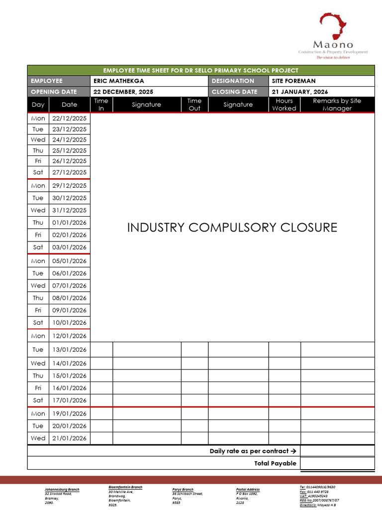 Clocking Sheet (December - January) - 083929 | PDF