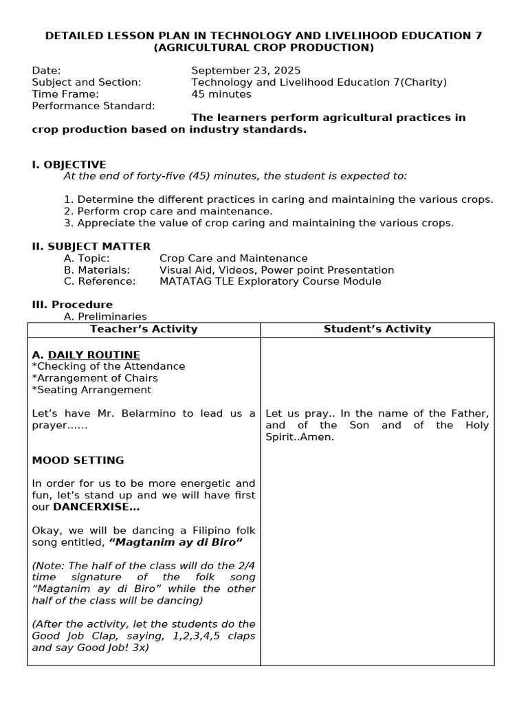 Detailed Lesson Plan Agri Crop q2 | PDF | Agriculture | Weed
