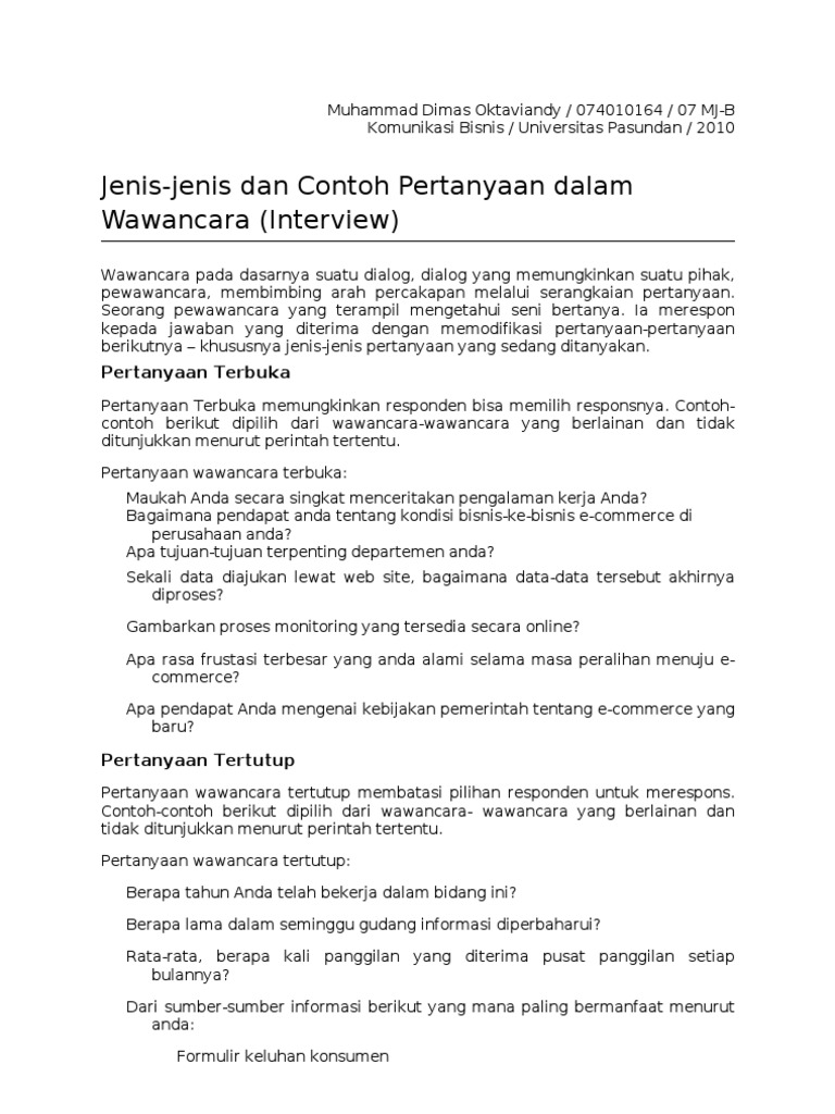 Jenis Dan Contoh Pertanyaan Dalam Interview | PDF
