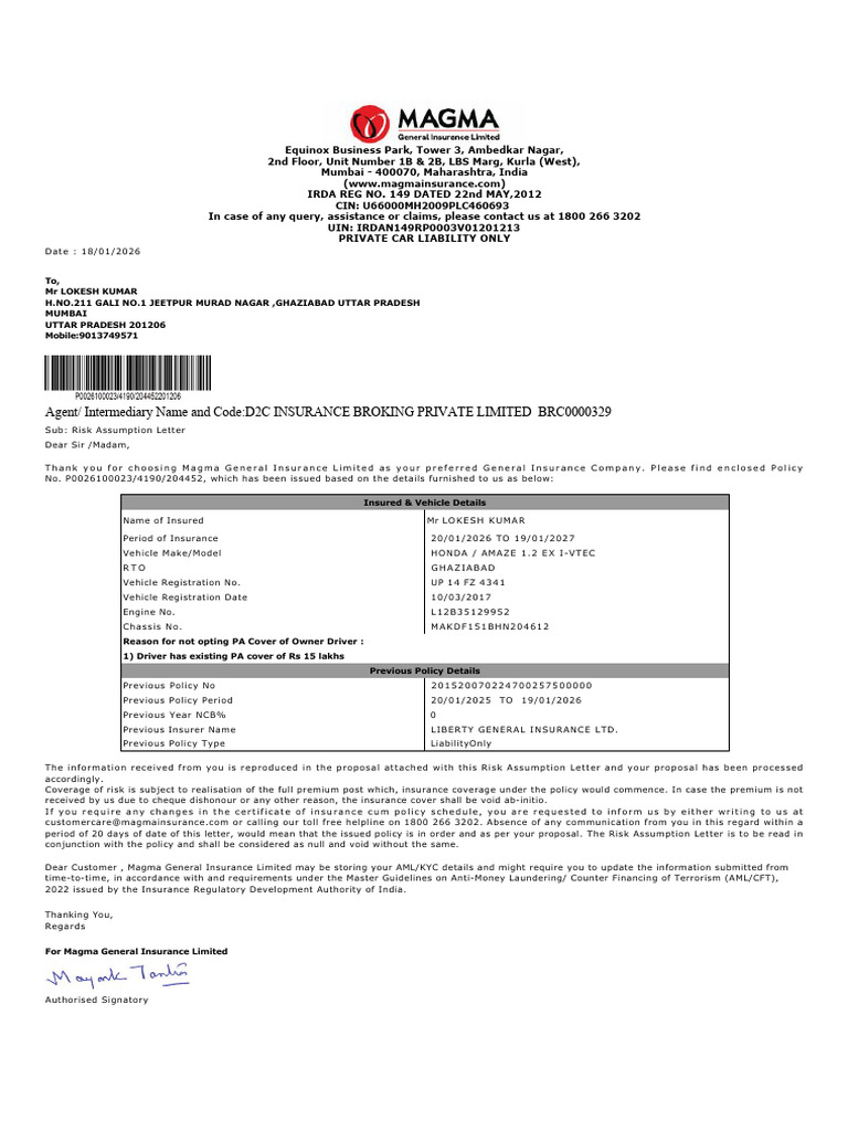 Agent/ Intermediary Name and Code:D2C INSURANCE BROKING PRIVATE LIMITED ...