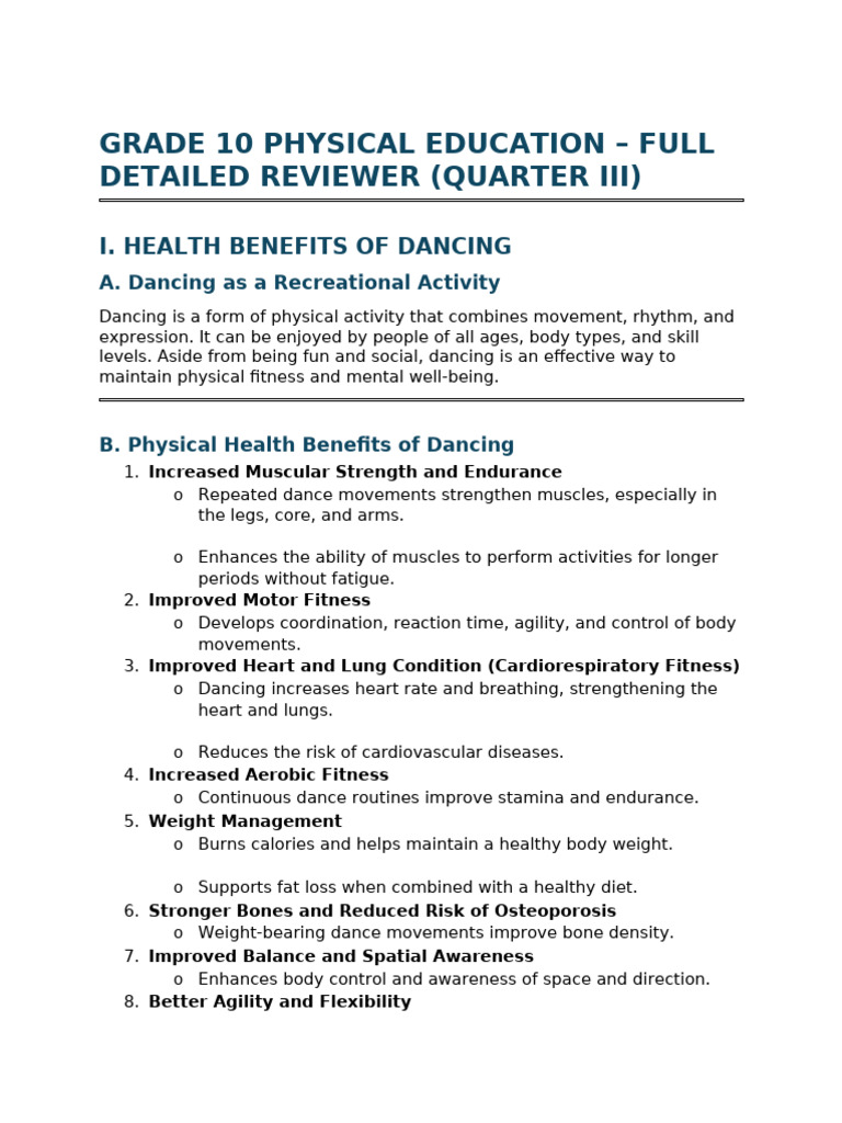 Grade 10 Pe - Full Detailed Reviewer (Quarter III) | PDF | Physical ...