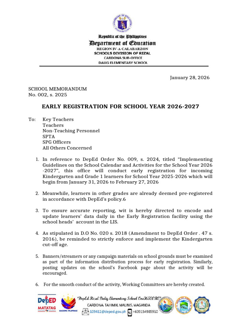 Memo No. 002 S. 2025 - Early Registration Kick Off | PDF