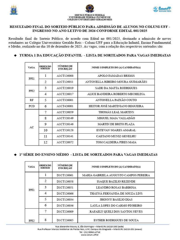Lista Final Sorteados para o Ano Letivo 2026 | PDF | Instituições ...