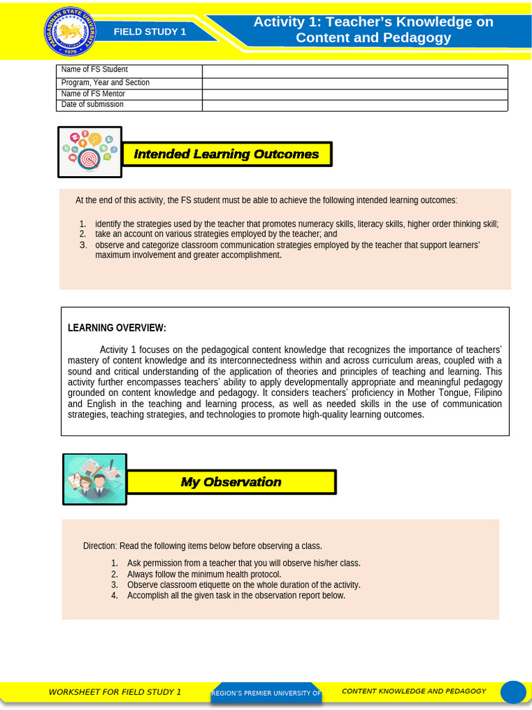 FS1 Activity 1 Teachers Knowledge on Content and Pedagogy | PDF ...