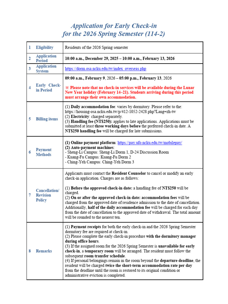 Announcement Early Check in 2026 Spring-1141111修 | PDF | Fee | Dormitory