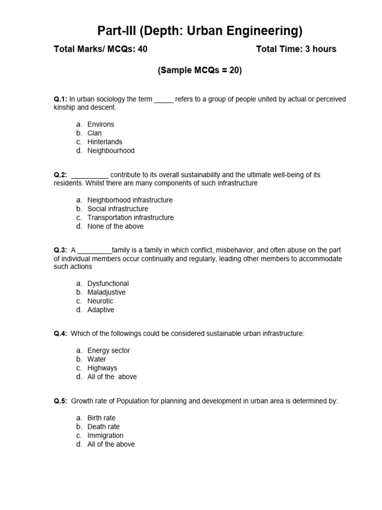 Sample MCQs of Urban Engineering | PDF | Infrastructure | Risk