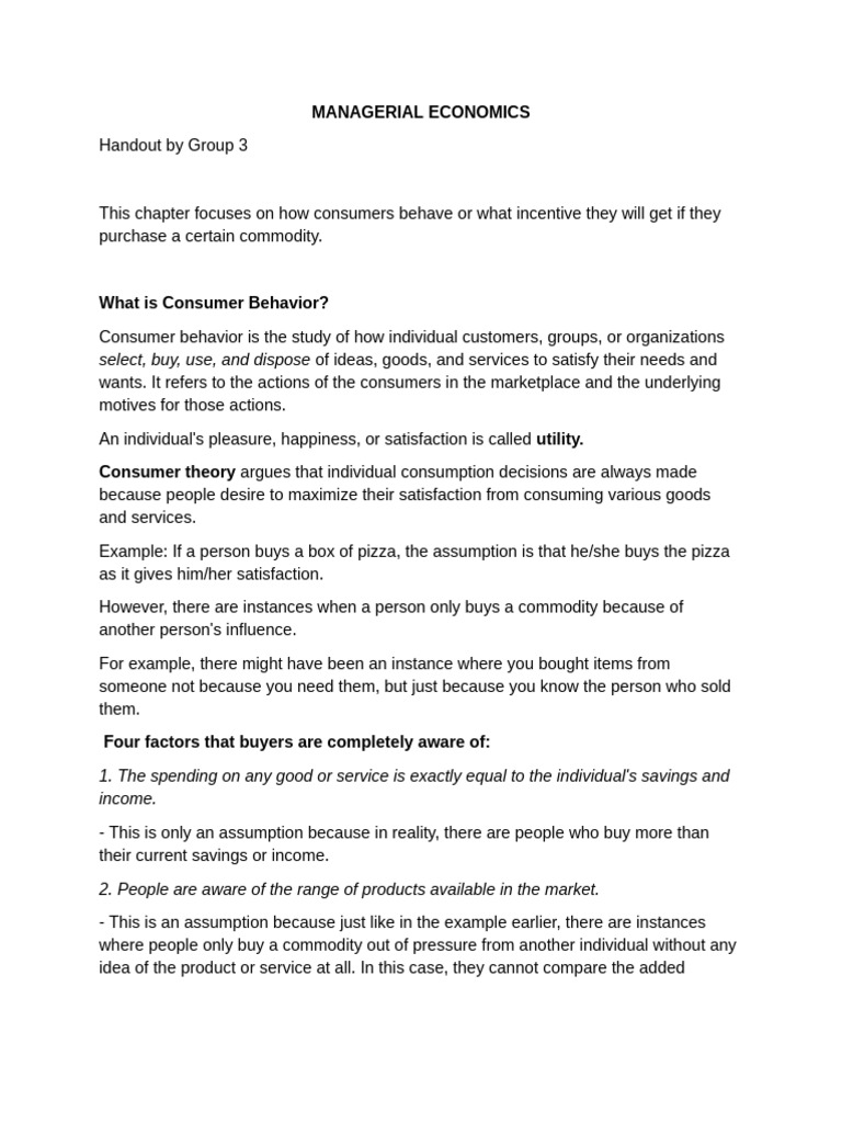 Handout - Consumer Behavior | PDF | Utility | Consumers