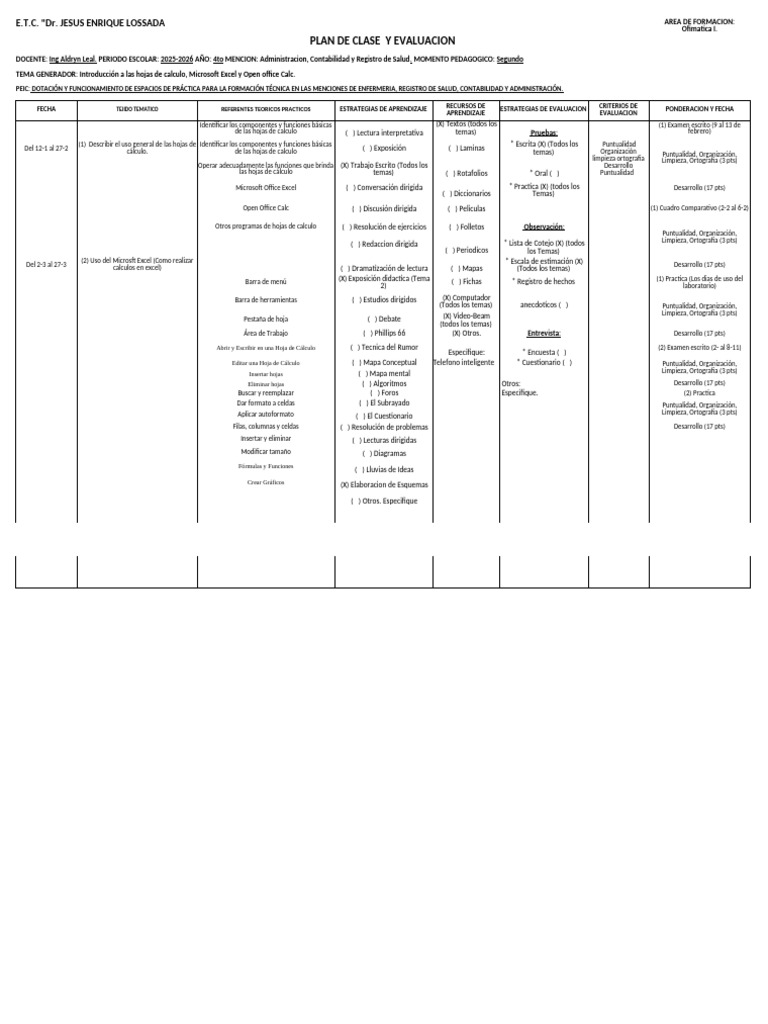 Plan de Lapso y Evaluacion (25-26) Ofimatica 4 Año II Lapso | PDF ...