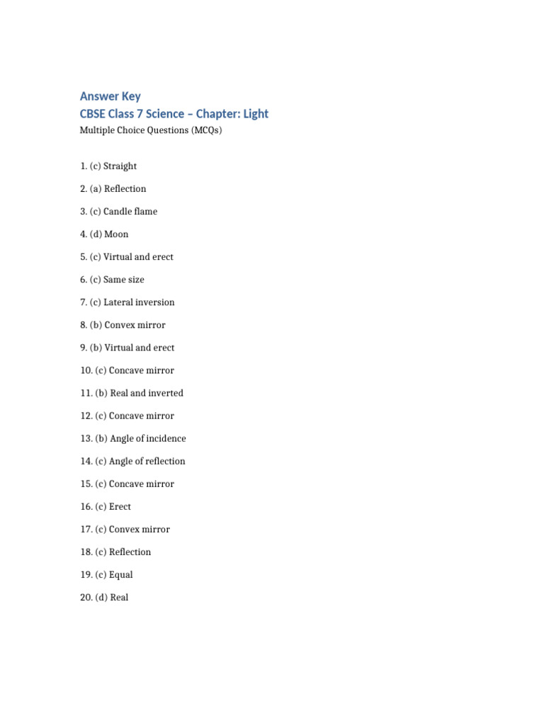 Class 7 Science Light Answer Key | PDF