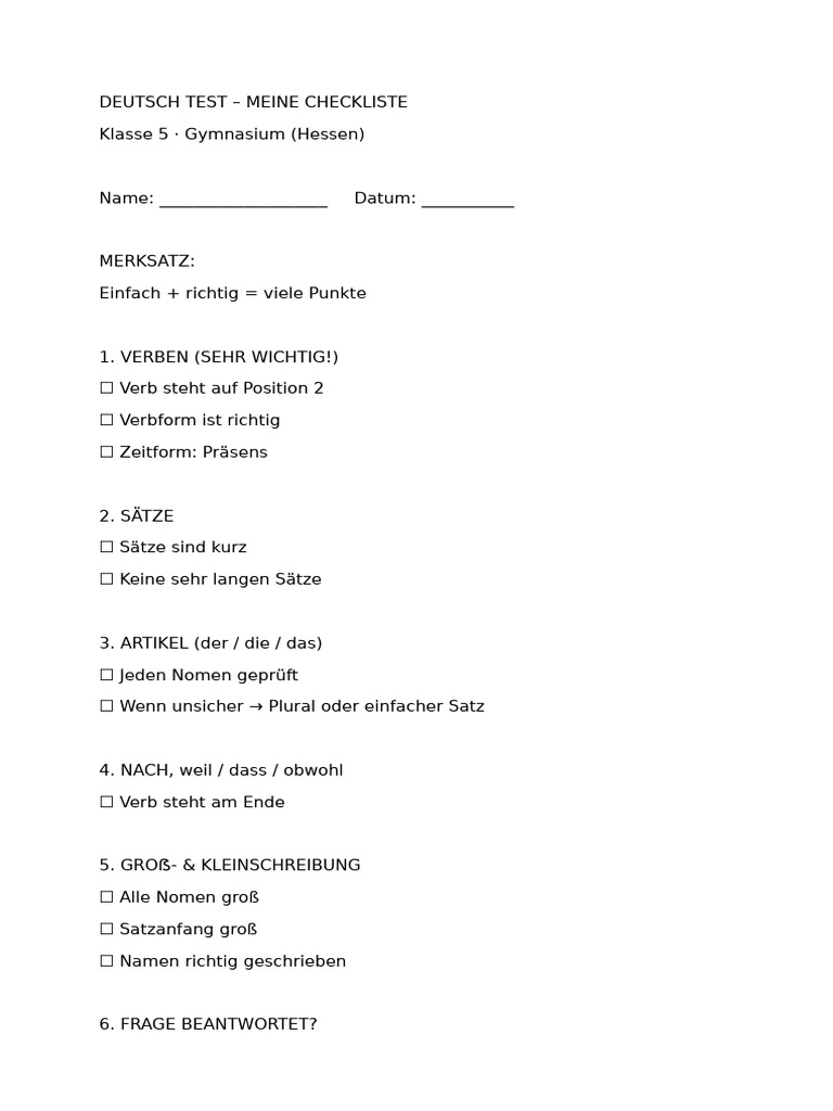 DEUTSCH TEST Prüfen Checklist | PDF