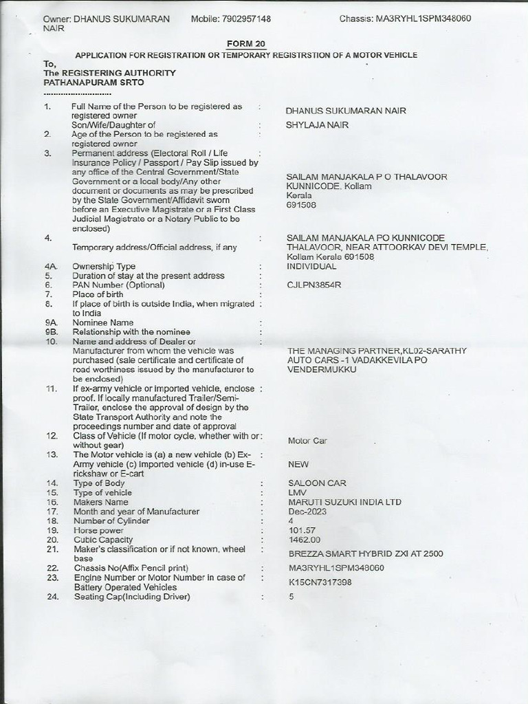 Application For Registration of A Motor Vehicle | PDF