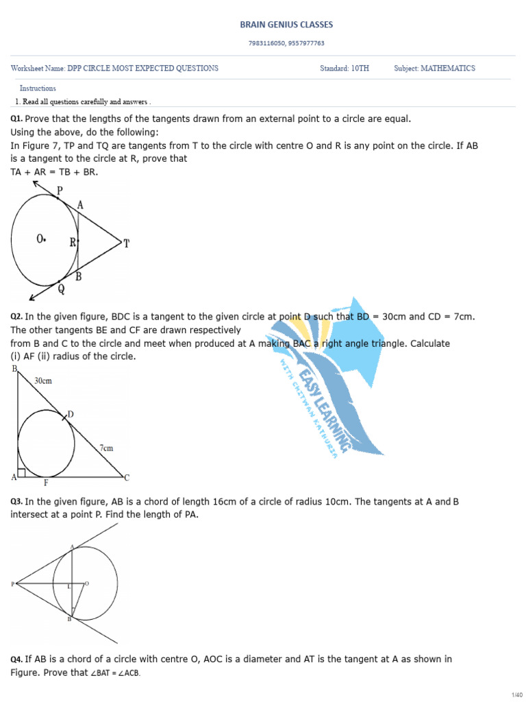 DPP Circle Most Expected Questions - 10th-Mathematics | PDF | Circle ...