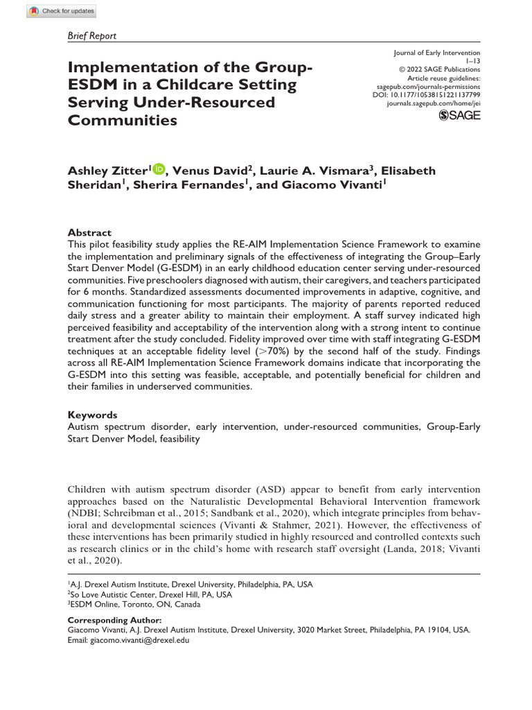 Zitter David et al 2022 ESDM research | PDF | Autism | Child Care