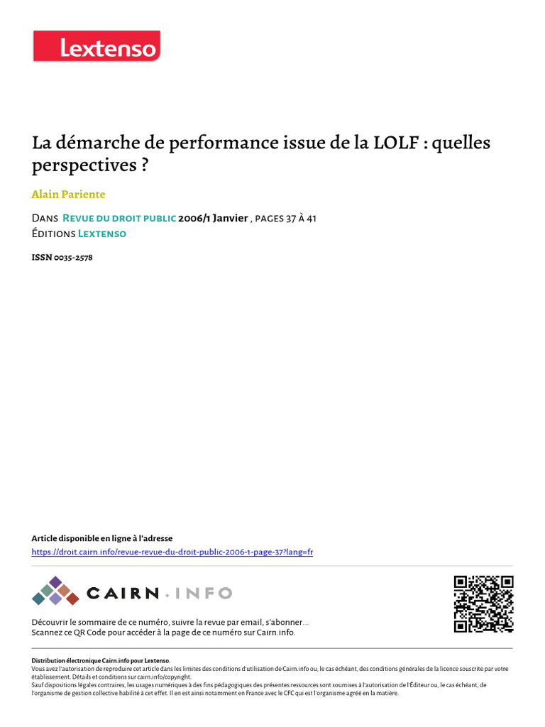 Pariente 2006 La Demarche de Performance Issue de La Lolf Quelles ...