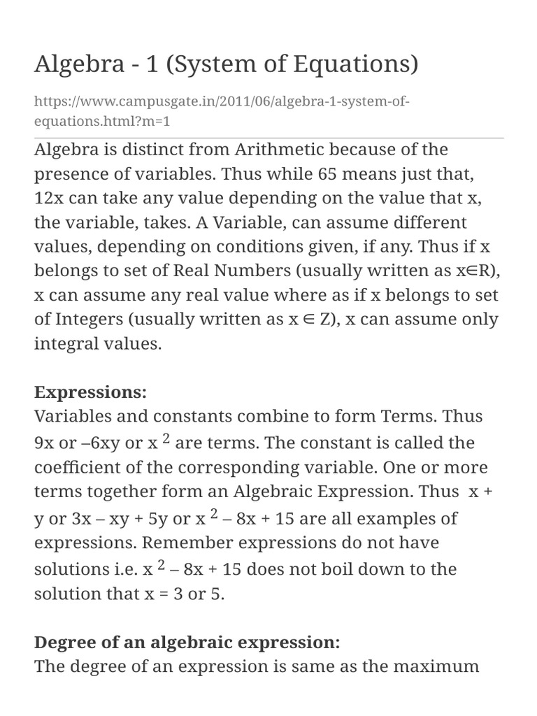 Algebra - 1 (System of Equations) + | PDF | Algebra | Variable ...