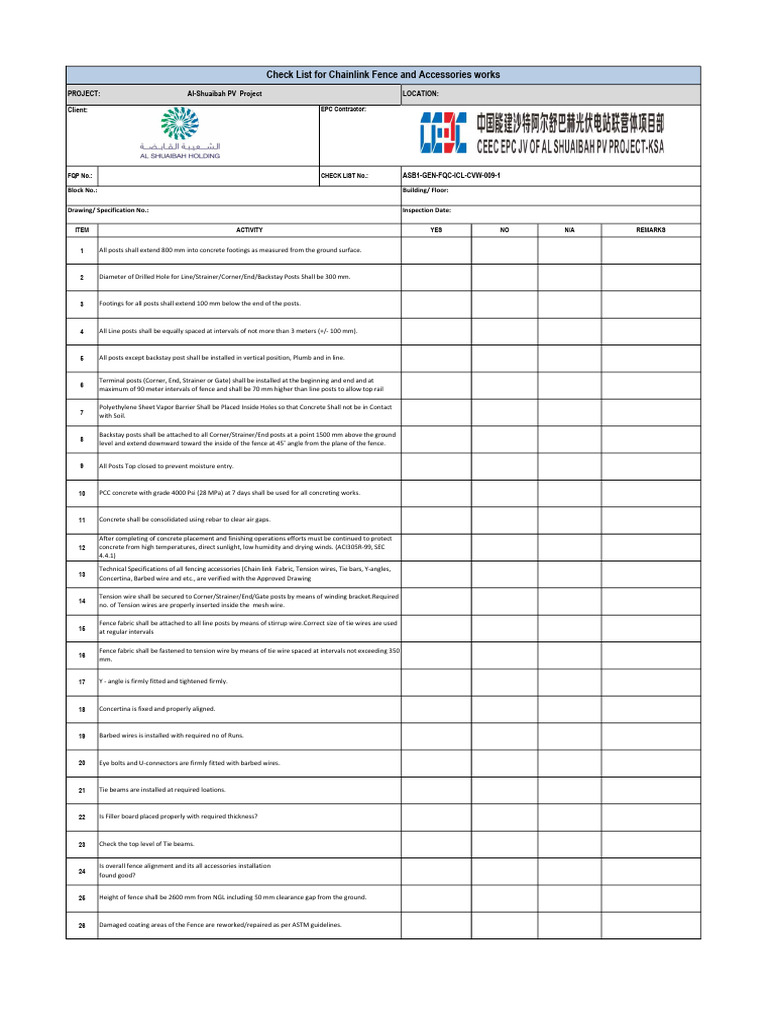ASB1 GEN FQC ICL CVW 009 1 Check List For Chainlink Fence and ...
