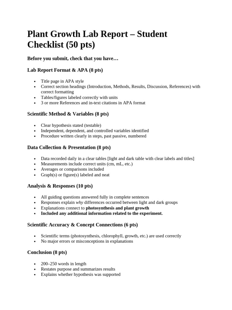 Plant Growth Lab Report Checklist | PDF