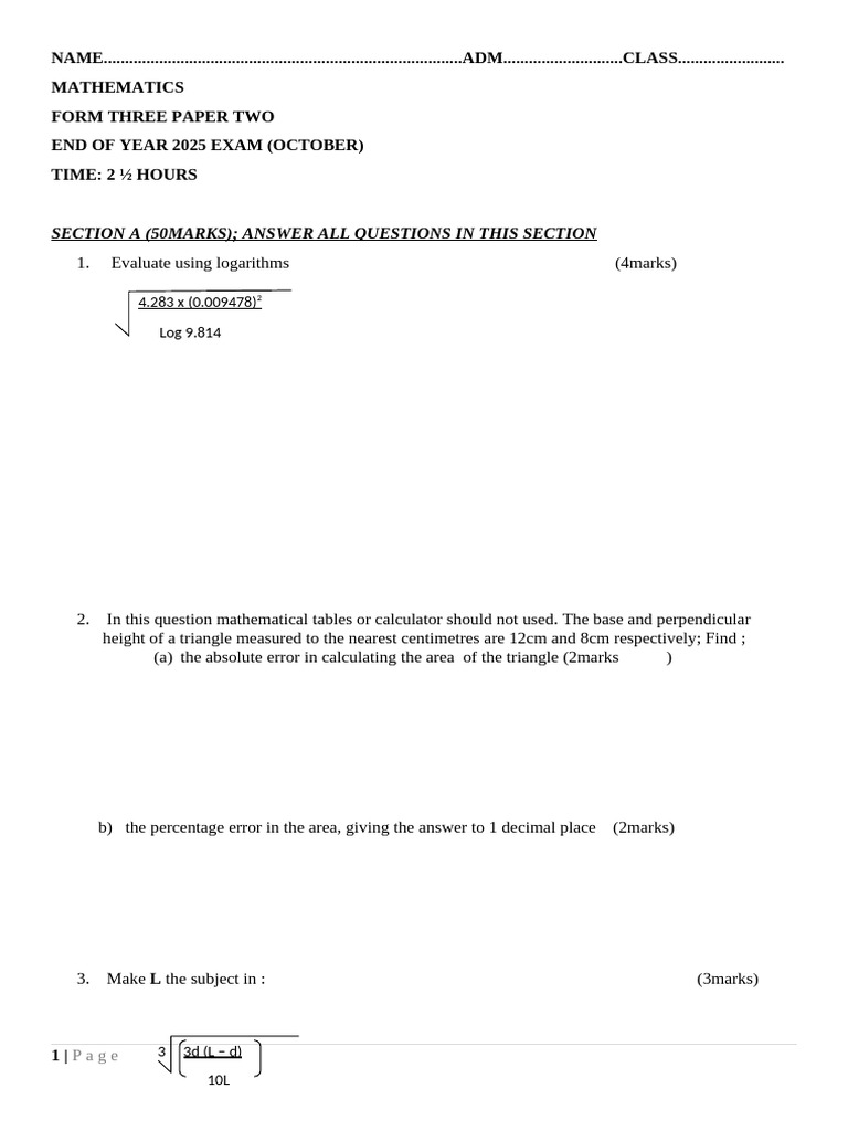 Mathematics f3 Pp2 Qs | PDF | Area | Triangle