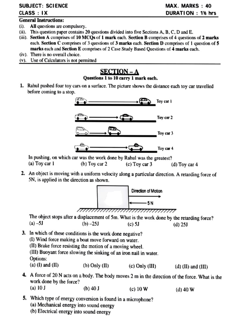 Work and Energy Class 9 Practice Questions | PDF | Force | Applied And ...