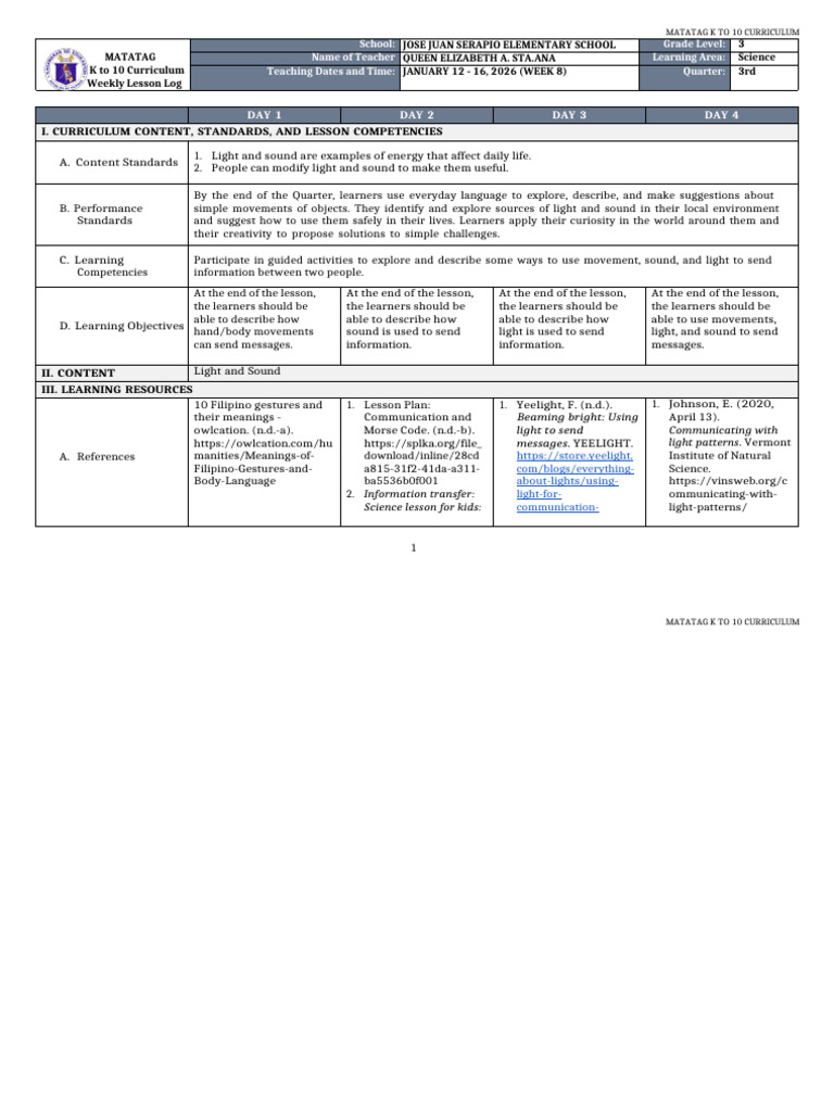 DLL Matatag Science 3 q3 w8 | PDF | Communication