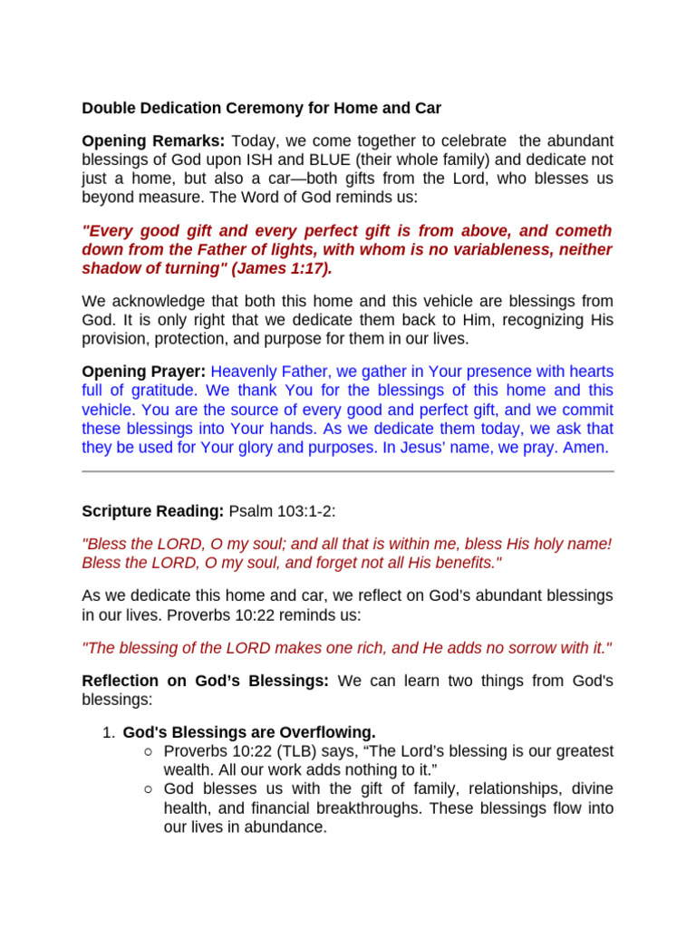 Double Dedication Ceremony For Home and Car (Ps. Paulo) | PDF | Glory ...