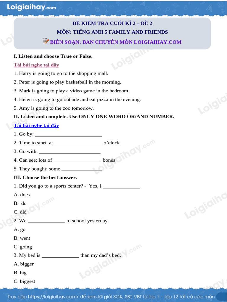 De Thi Hoc Ki 2 Tieng Anh 5 Family and Friends de So 2 1744886109 | PDF