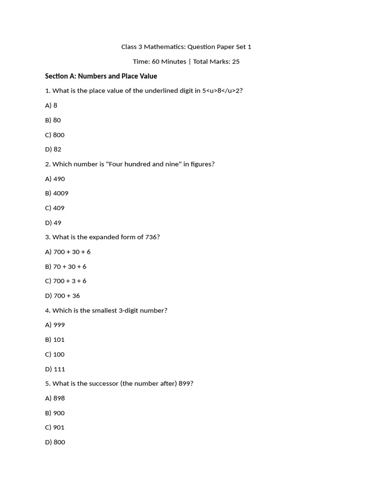 Question Paper - Set 1 - Class 3 Mathematics | PDF