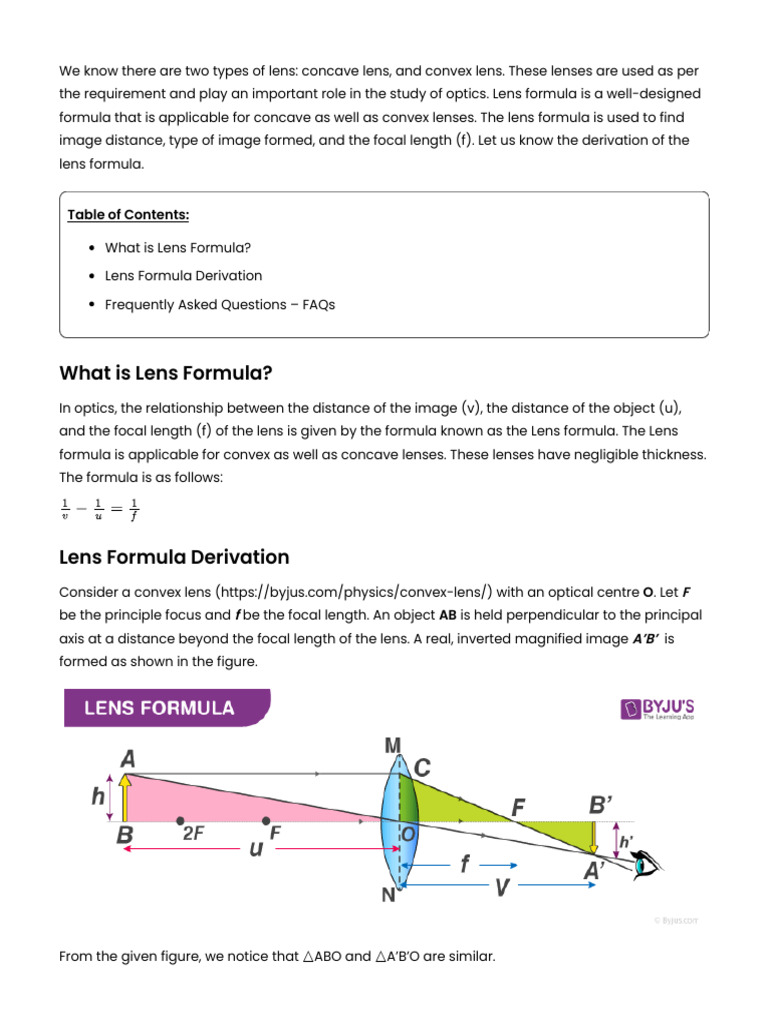 Derivation of Lens Formula | PDF | Imaging | Lenses