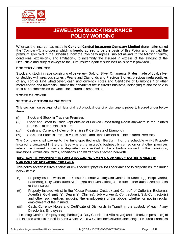 Jewellers Block Insurance Commercial Policy Wordings | PDF | Insurance ...