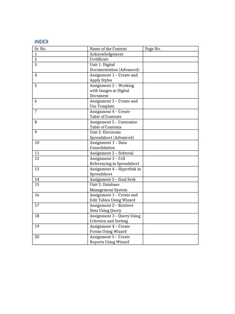 Index It Practical Class 10-1 | PDF
