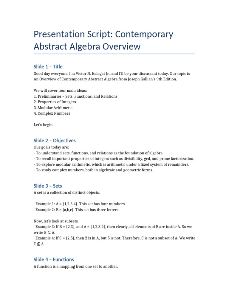 Abstract Algebra Presentation Script | PDF | Function (Mathematics ...