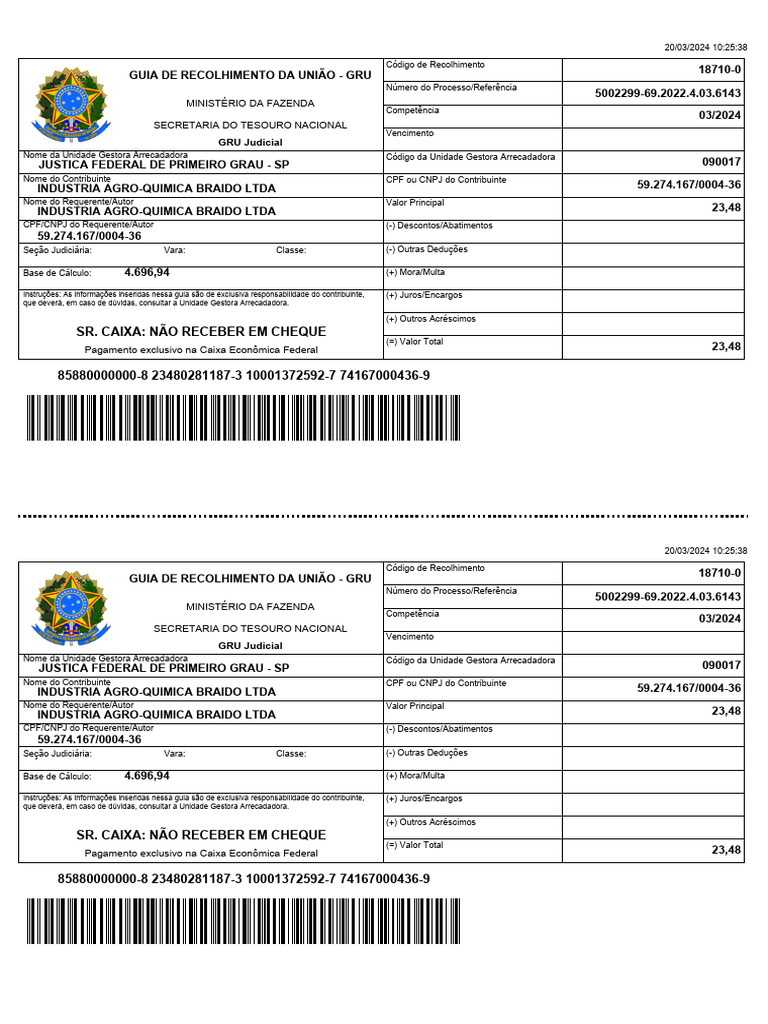 Guia Recurso - 5002299-69.2022.4.03.6143 - Braido Ltda | PDF