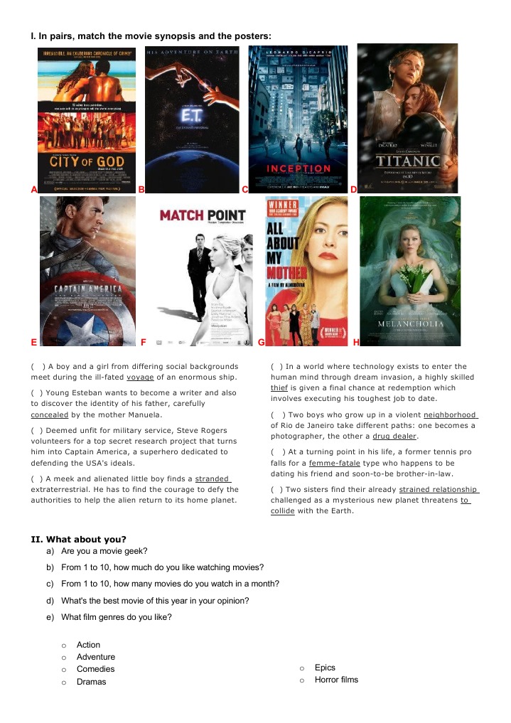 Movie Synopsis and Poster Matching Quiz | PDF